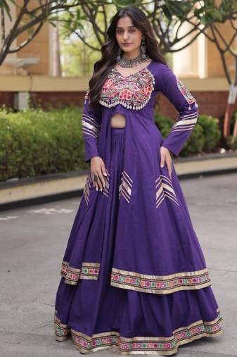 Violet Cotton Readymade Navratri Lehenga Choli with Gamthi Thread & Mirror Work