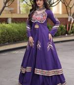 Violet Cotton Readymade Navratri Lehenga Choli with Gamthi Thread & Mirror Work