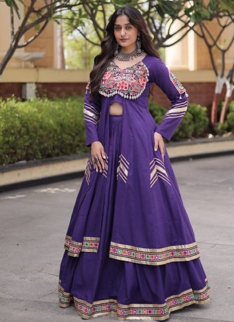Violet Cotton Readymade Navratri Lehenga Choli with Gamthi Thread & Mirror Work