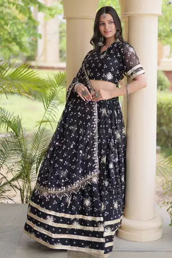 Black Georgette Readymade Navratri Lehenga Choli with Bandhej & Embroidery Work