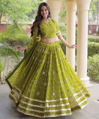 Olive Georgette Readymade Navratri Lehenga Choli with Bandhej & Embroidery Work 3