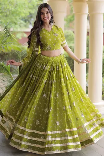 Olive Georgette Readymade Navratri Lehenga Choli with Bandhej & Embroidery Work