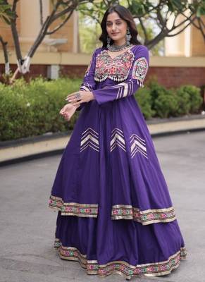 Violet Cotton Readymade Navratri Lehenga Choli with Gamthi Thread & Mirror Work 2