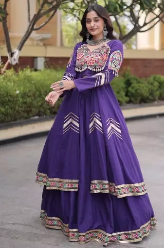 Violet Cotton Readymade Navratri Lehenga Choli with Gamthi Thread & Mirror Work