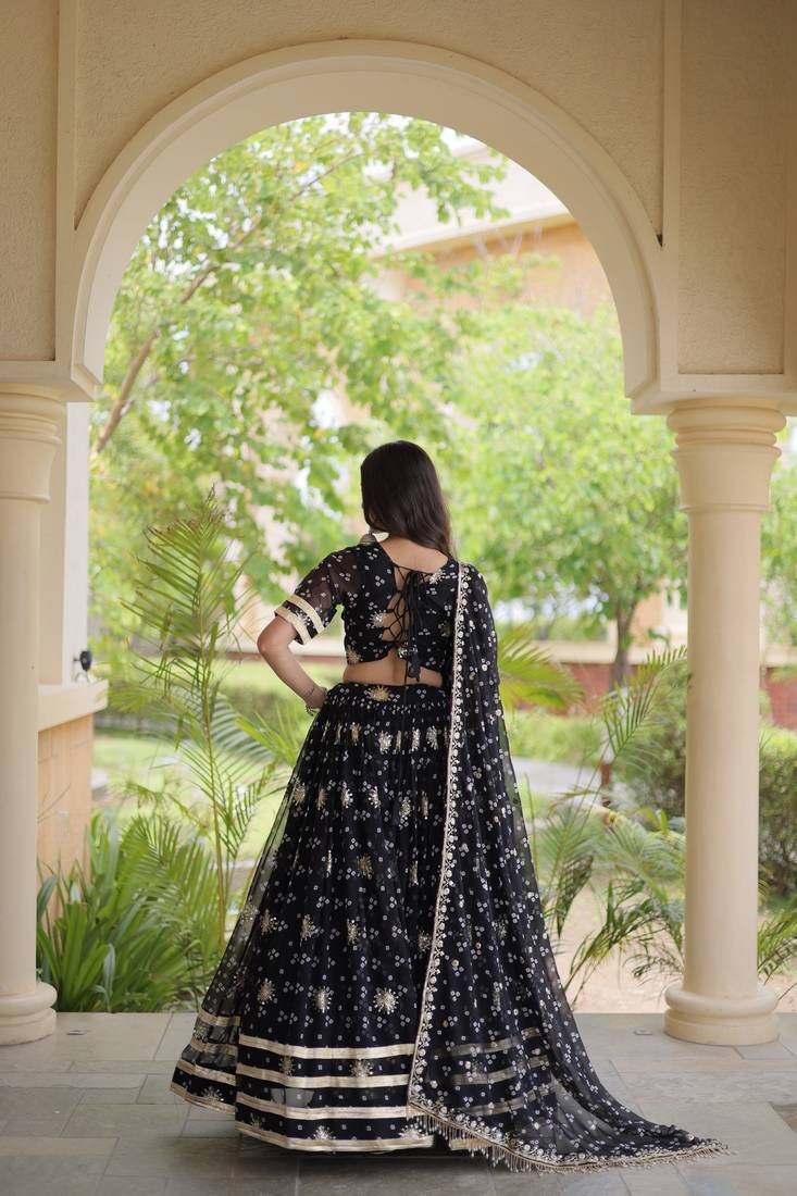 Black Georgette Readymade Navratri Lehenga Choli with Bandhej & Embroidery Work