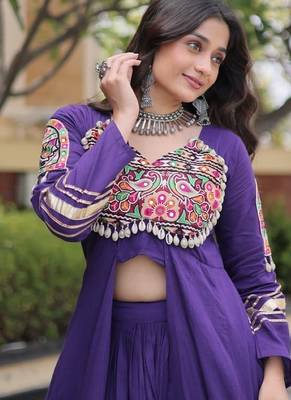 Violet Cotton Readymade Navratri Lehenga Choli with Gamthi Thread & Mirror Work 3