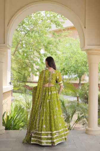 Olive Georgette Readymade Navratri Lehenga Choli with Bandhej & Embroidery Work