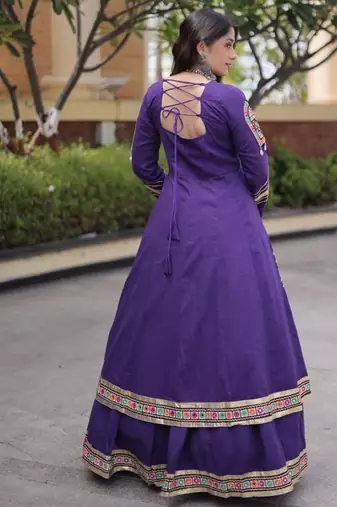 Violet Cotton Readymade Navratri Lehenga Choli with Gamthi Thread & Mirror Work