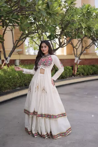 White Cotton Readymade Navratri Lehenga Choli with Gamthi Thread & Mirror Work