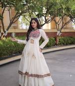 White Cotton Readymade Navratri Lehenga Choli with Gamthi Thread & Mirror Work