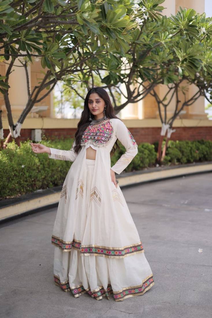 White Cotton Readymade Navratri Lehenga Choli with Gamthi Thread & Mirror Work