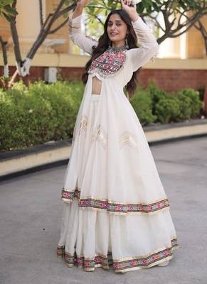 White Cotton Readymade Navratri Lehenga Choli with Gamthi Thread & Mirror Work 2