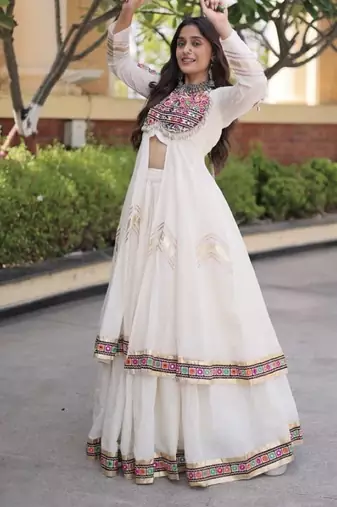 White Cotton Readymade Navratri Lehenga Choli with Gamthi Thread & Mirror Work