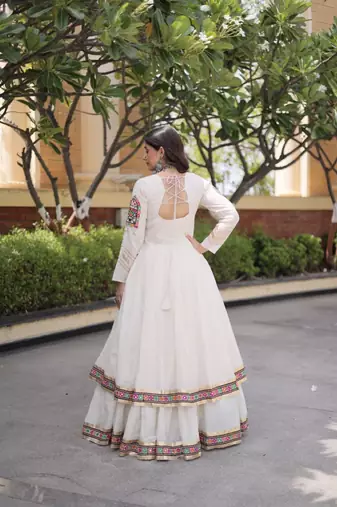 White Cotton Readymade Navratri Lehenga Choli with Gamthi Thread & Mirror Work