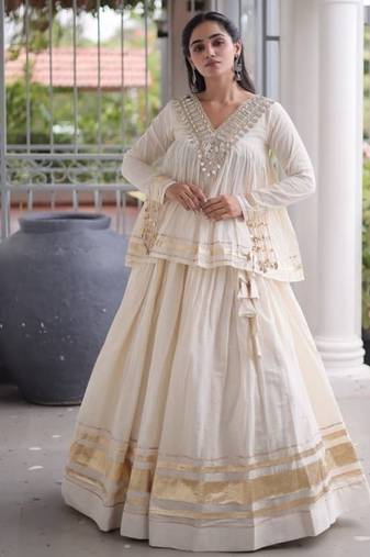 White Cotton Readymade Navratri Lehenga Choli with Zari & Mirror lace Work