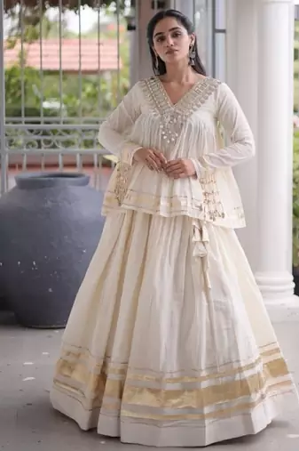 White Cotton Readymade Navratri Lehenga Choli with Zari & Mirror lace Work