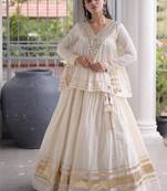 White Cotton Readymade Navratri Lehenga Choli with Zari & Mirror lace Work