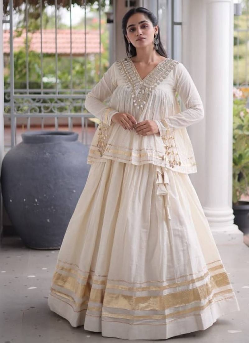 White Cotton Readymade Navratri Lehenga Choli with Zari & Mirror lace Work