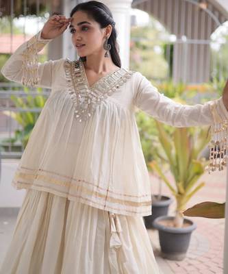 White Cotton Readymade Navratri Lehenga Choli with Zari & Mirror lace Work 2