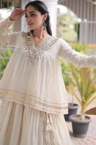 White Cotton Readymade Navratri Lehenga Choli with Zari & Mirror lace Work
