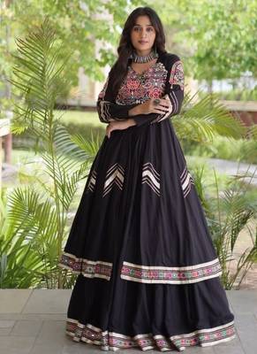 Black Cotton Readymade Navratri Lehenga Choli with Gamthi Thread & Mirror Work 1