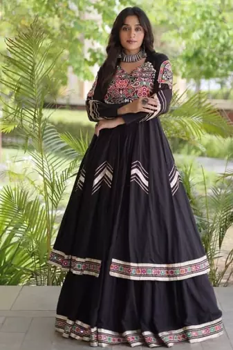 Black Cotton Readymade Navratri Lehenga Choli with Gamthi Thread & Mirror Work