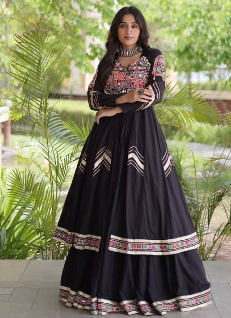 Black Cotton Readymade Navratri Lehenga Choli with Gamthi Thread & Mirror Work