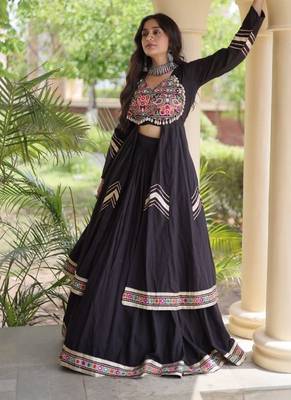 Black Cotton Readymade Navratri Lehenga Choli with Gamthi Thread & Mirror Work 2