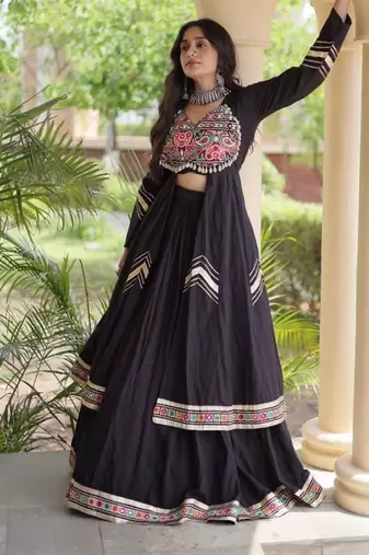 Black Cotton Readymade Navratri Lehenga Choli with Gamthi Thread & Mirror Work