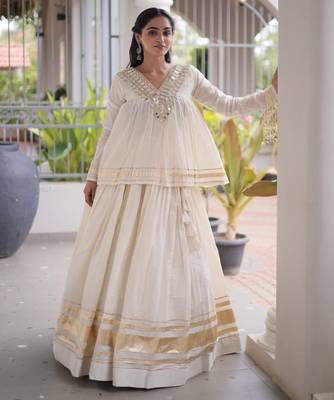 White Cotton Readymade Navratri Lehenga Choli with Zari & Mirror lace Work 3