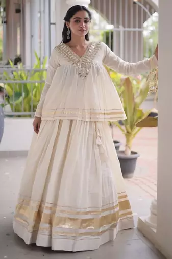 White Cotton Readymade Navratri Lehenga Choli with Zari & Mirror lace Work