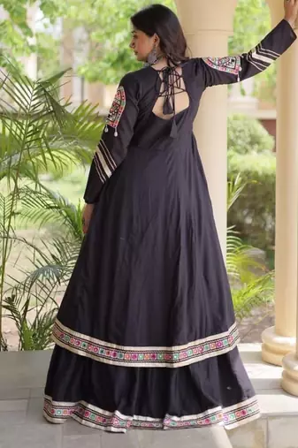 Black Cotton Readymade Navratri Lehenga Choli with Gamthi Thread & Mirror Work