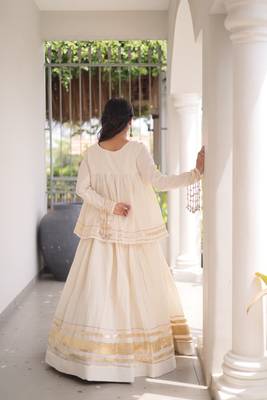 White Cotton Readymade Navratri Lehenga Choli with Zari & Mirror lace Work 4