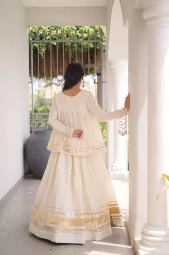 White Cotton Readymade Navratri Lehenga Choli with Zari & Mirror lace Work