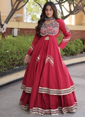 Red Cotton Readymade Navratri Lehenga Choli with Gamthi Thread & Mirror Work 1