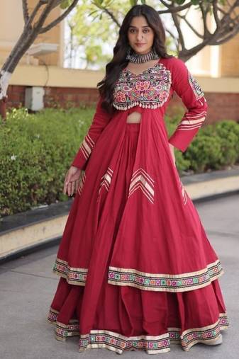Red Cotton Readymade Navratri Lehenga Choli with Gamthi Thread & Mirror Work