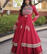 Red Cotton Readymade Navratri Lehenga Choli with Gamthi Thread & Mirror Work