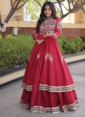 Red Cotton Readymade Navratri Lehenga Choli with Gamthi Thread & Mirror Work 2