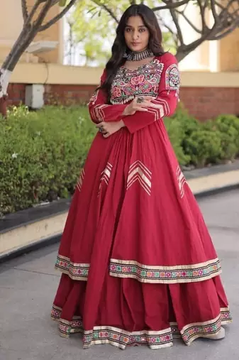 Red Cotton Readymade Navratri Lehenga Choli with Gamthi Thread & Mirror Work