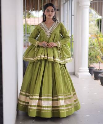 Green Cotton Readymade Navratri Lehenga Choli with Zari & Mirror lace Work 1