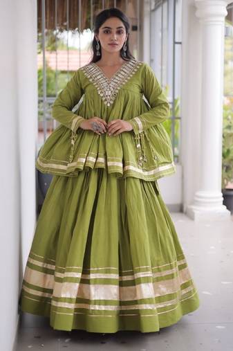 Green Cotton Readymade Navratri Lehenga Choli with Zari & Mirror lace Work