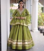 Green Cotton Readymade Navratri Lehenga Choli with Zari & Mirror lace Work