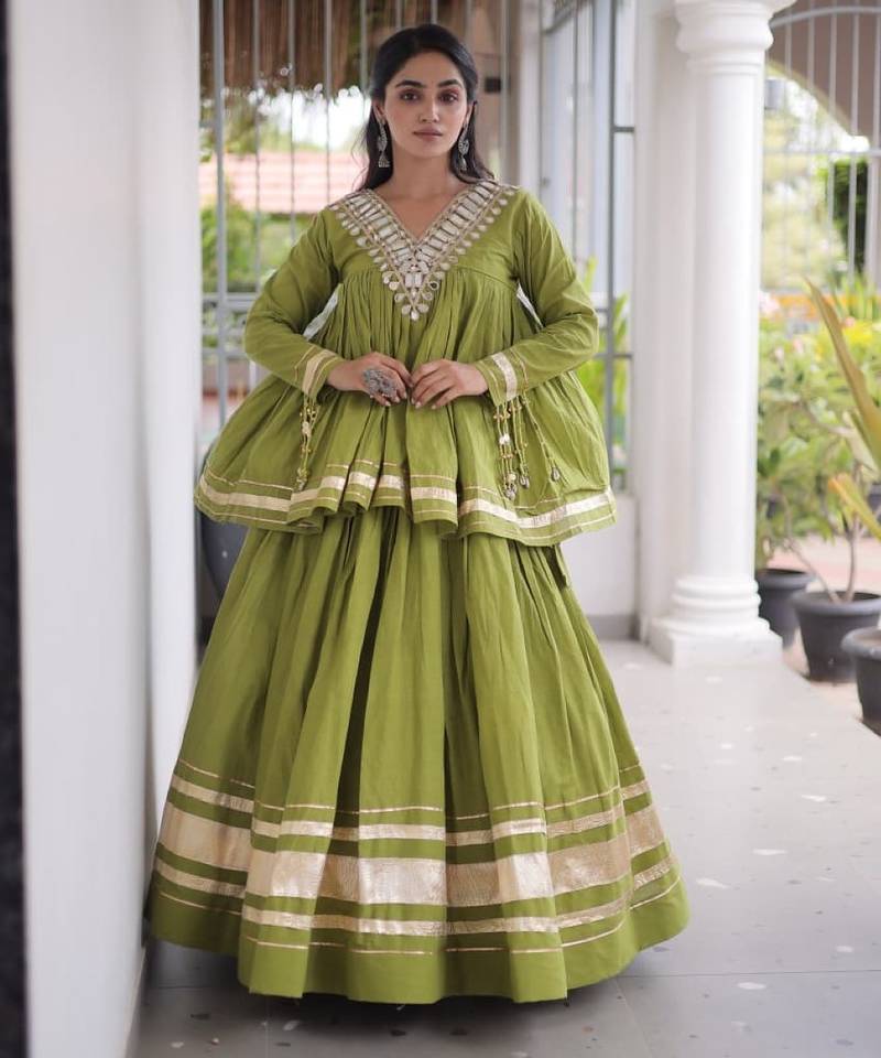 Green Cotton Readymade Navratri Lehenga Choli with Zari & Mirror lace Work