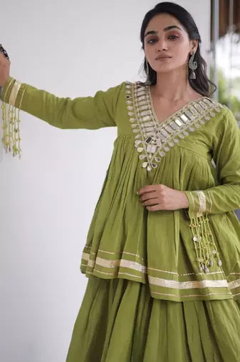 Green Cotton Readymade Navratri Lehenga Choli with Zari & Mirror lace Work
