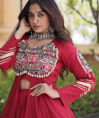 Red Cotton Readymade Navratri Lehenga Choli with Gamthi Thread & Mirror Work 3