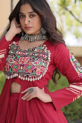 Red Cotton Readymade Navratri Lehenga Choli with Gamthi Thread & Mirror Work