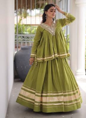 Green Cotton Readymade Navratri Lehenga Choli with Zari & Mirror lace Work 3