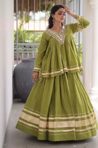 Green Cotton Readymade Navratri Lehenga Choli with Zari & Mirror lace Work