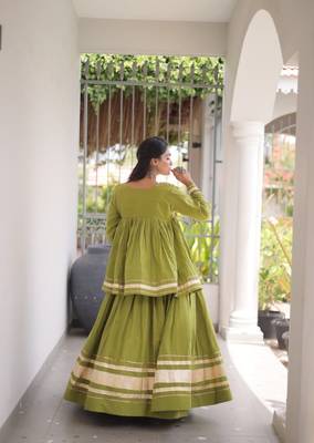 Green Cotton Readymade Navratri Lehenga Choli with Zari & Mirror lace Work 4