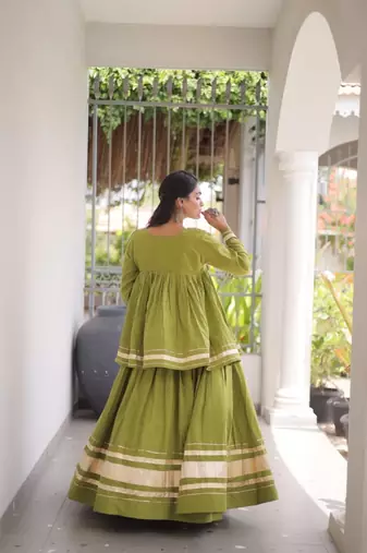 Green Cotton Readymade Navratri Lehenga Choli with Zari & Mirror lace Work
